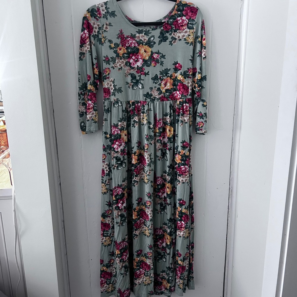April Cornell Sage Green Floral Empire Waist Maxi Dress with Pockets Small